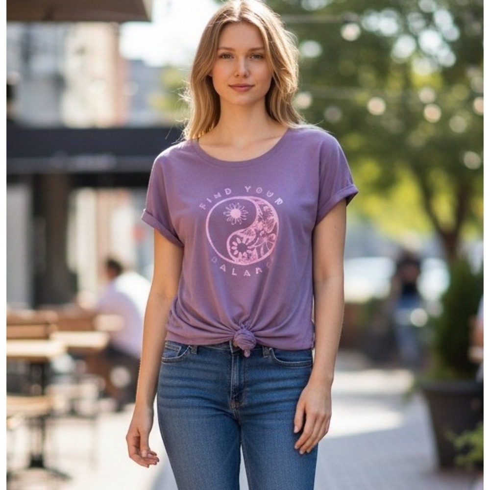 Sunset West Find Your Balance Yin Yang Graphic Tie Front Tee Purple XL Boho Yoga